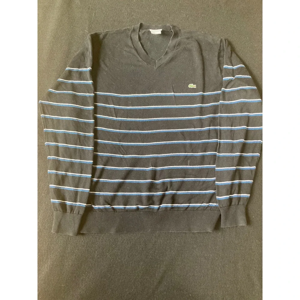 Lacoste Mens Black‎ Striped V-Neck Cotton Knit Sweater Size 6 XL F5178
